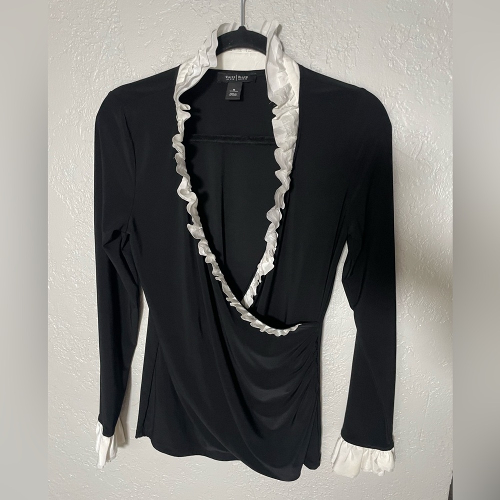 White House Black Market Black Blouse with White Ruffle Trim